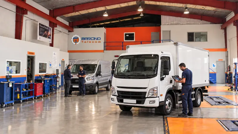 Equipo de Barcino Telecom atendiendo un camión en el taller