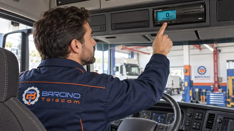 Técnico de Barcino Telecom calibrando un tacógrafo
