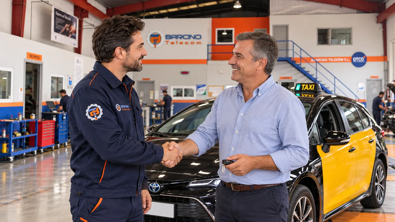 Técnico de Barcino Telecom saluda a un cliente taxista en el taller